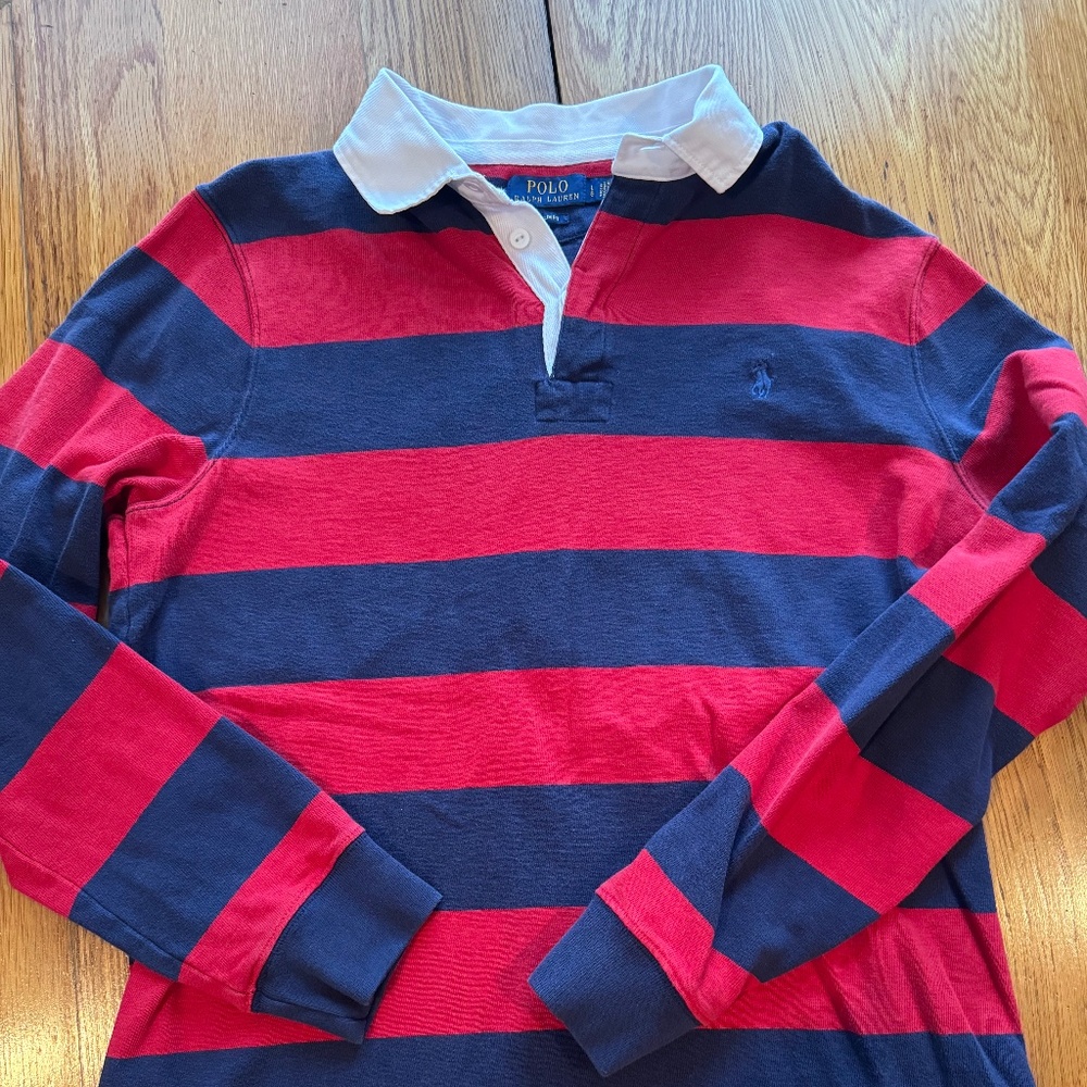 Polo Rugby Shirt - Red/Blue stripes with white collar, size L